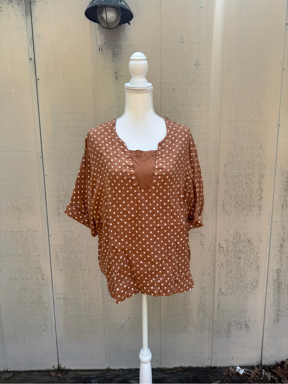 Lands Downunder Spice Linen Polka Dot Split-Neck Blouse